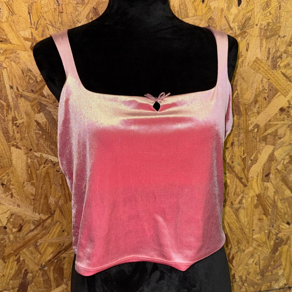 Pink Velour Cropped Tank Top Y2K Preppy Party Glam Layering Coquette Bow Large